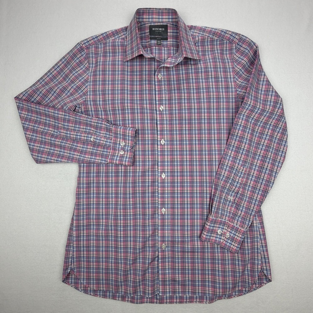 Bonobos Mens Slim Fit Wrinkle-Free Plaid Button Down Shirt Pink Blue 16.5 35